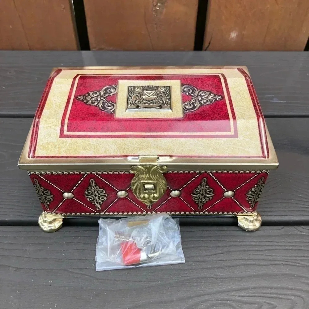 Vtg Hinged Tin Box With Padlock